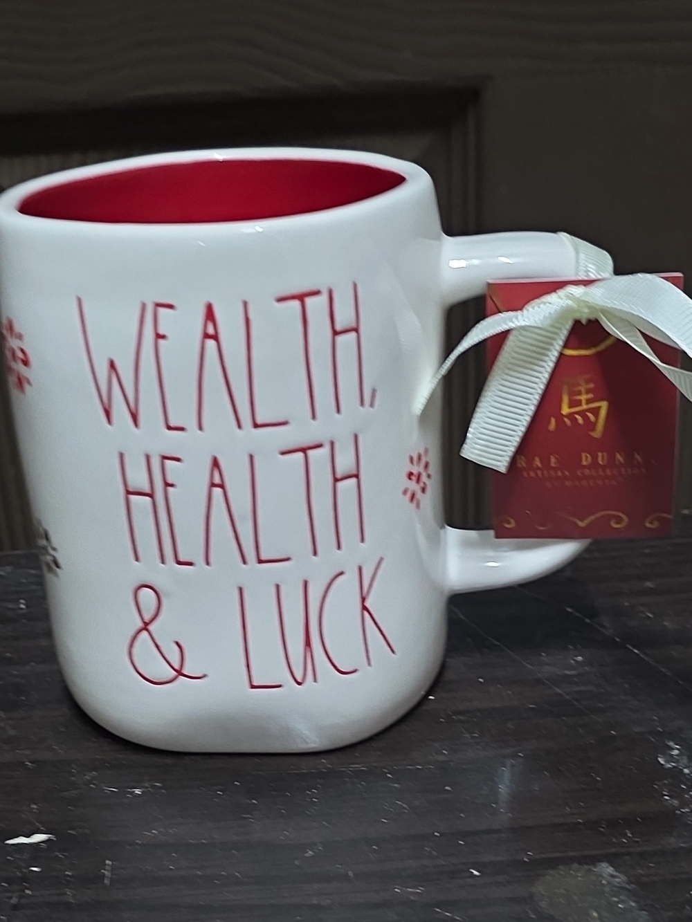 Rae Dunn White Ceramic Mug with Red Interior and Script